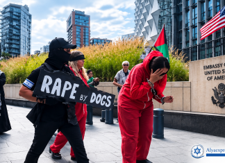 À voir : des manifestants brandissent à Londres des pancartes « Viol par des chiens » devant l’ambassade américaine